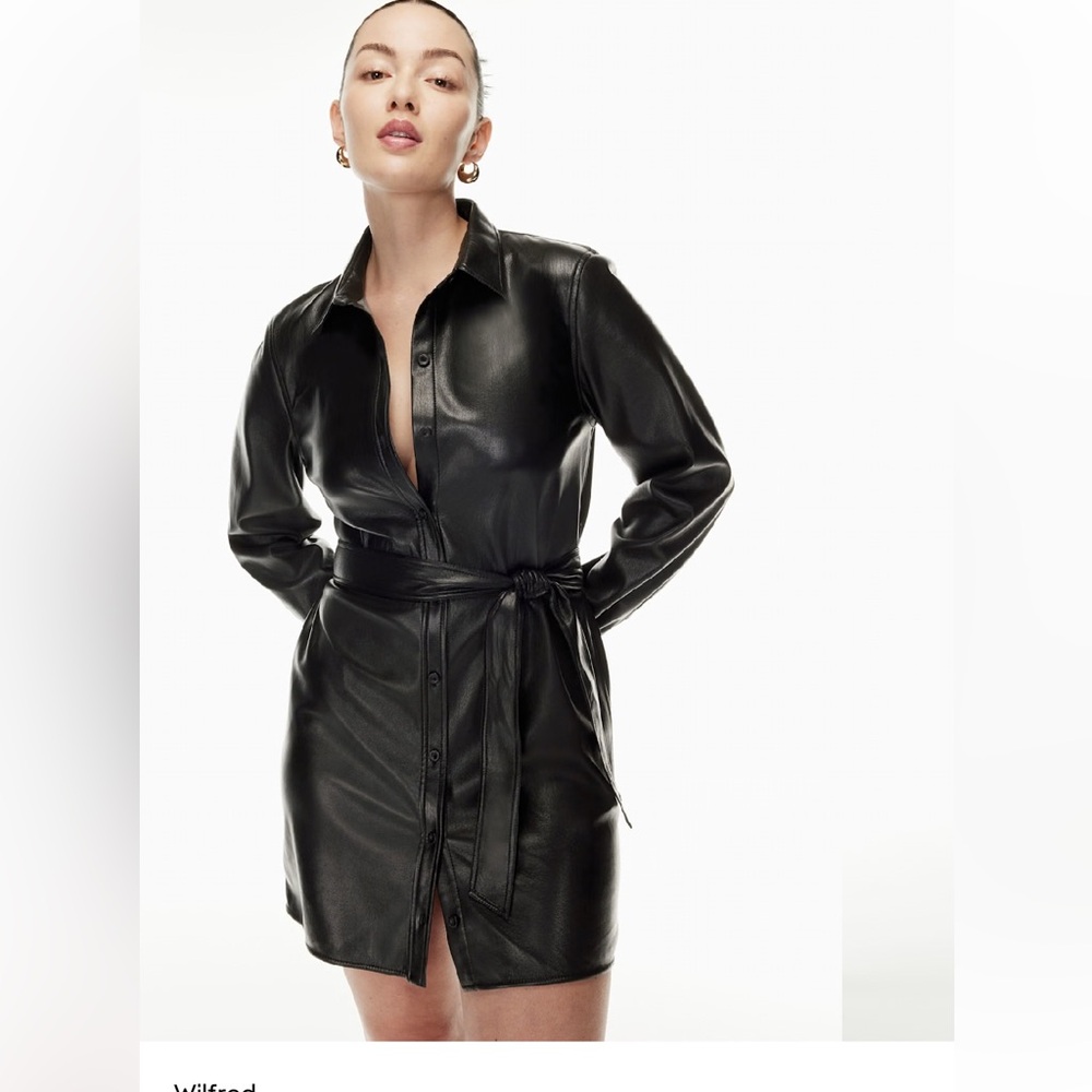 NWOT Wilfred Black Faux Leather Shirt Dress Jacket with Waist Tie Size M